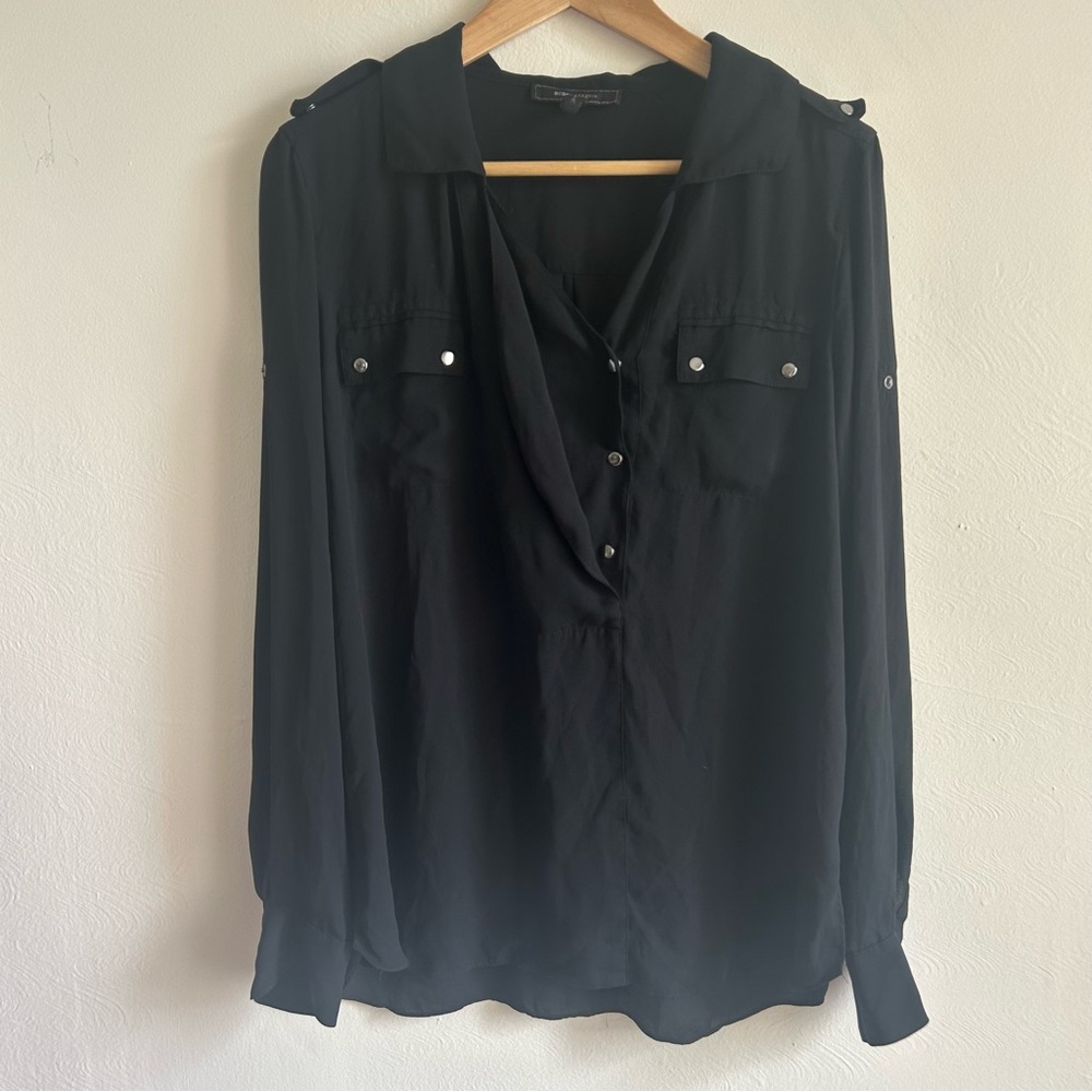 BCBG Black Chiffon Military Style Top Epaulette Blouse - Medium
